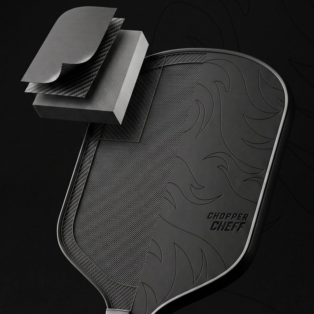CHEFF Chopper internal construction — graphite weave surface, carbon layer, and high-density closed-cell full-foam core